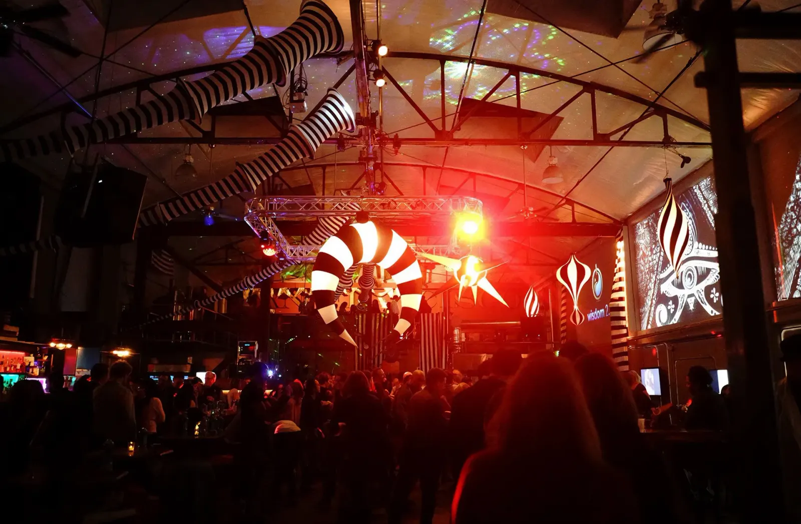 The main room with art installations overhead